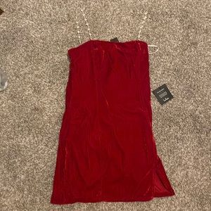 Red velvet mid length dress with flower straps